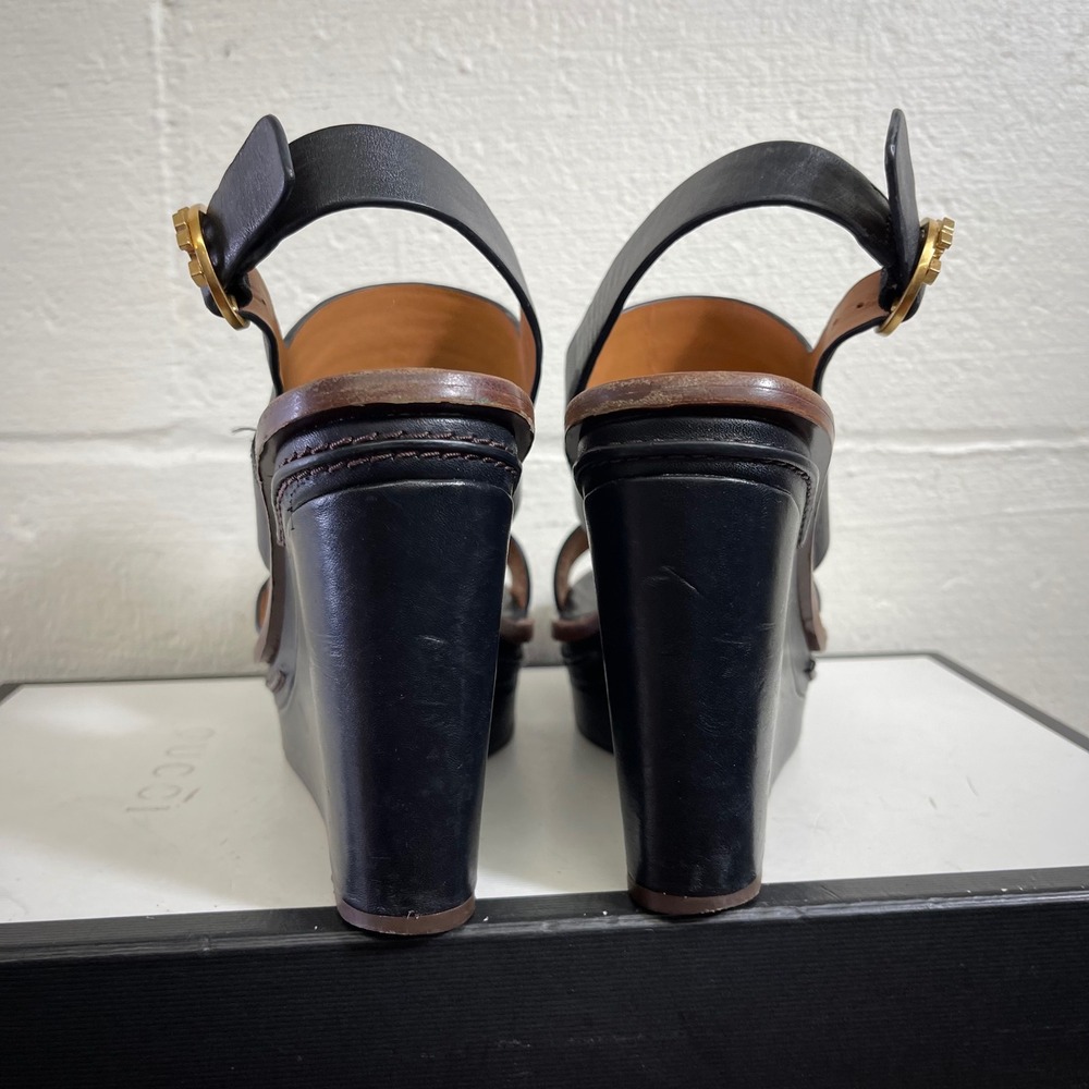 Tory Burch Selby Black Leather Wedge Sandals Ankle Strap Women's US 5.5 M - Picture 6 of 12